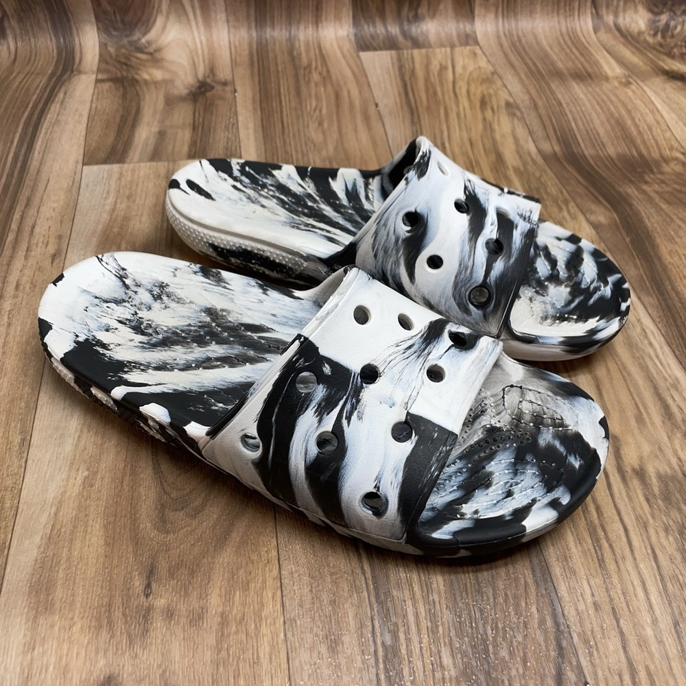 Crocs Slides Shoes Sandals Black White Marbled Classic‎ One Strap M13